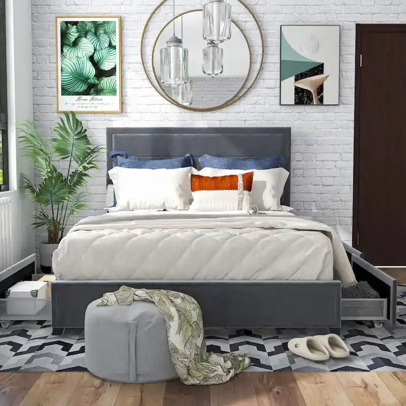 Upholstered Platform Bed with Four Underbed Drawers