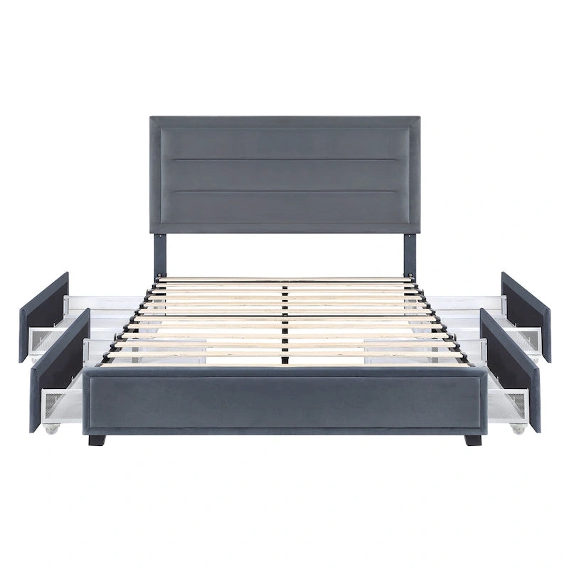 Upholstered Platform Bed with Four Underbed Drawers
