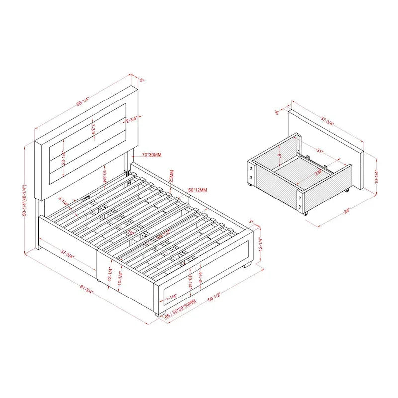 Upholstered Platform Bed with Four Underbed Drawers