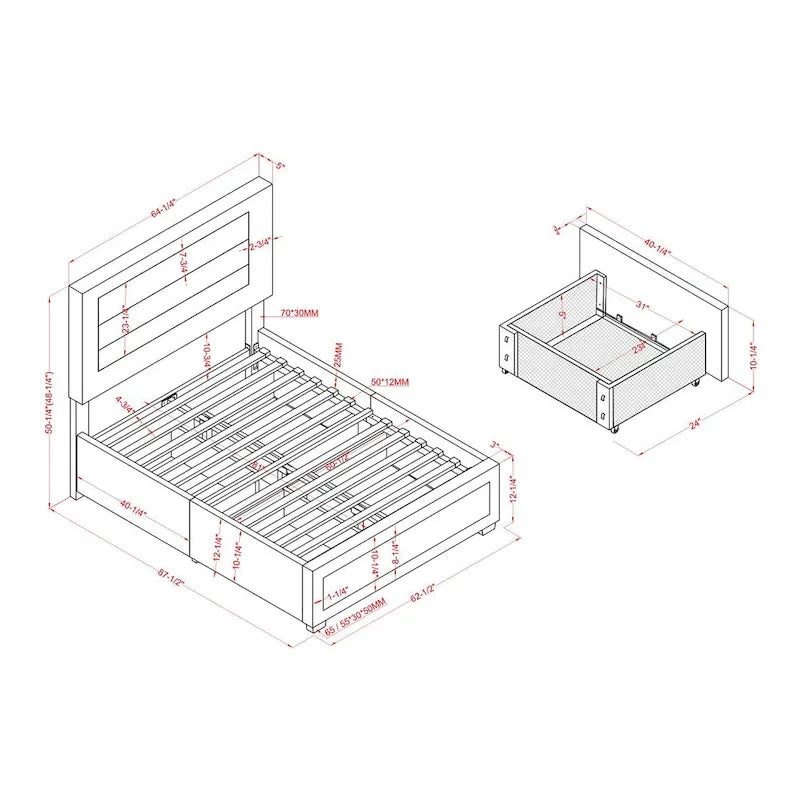 Upholstered Platform Bed with Four Underbed Drawers