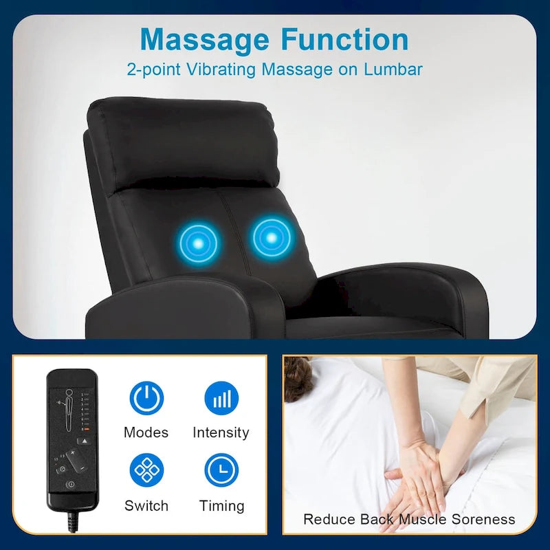 Black Faux Leather Recliner with 2-Point Massage