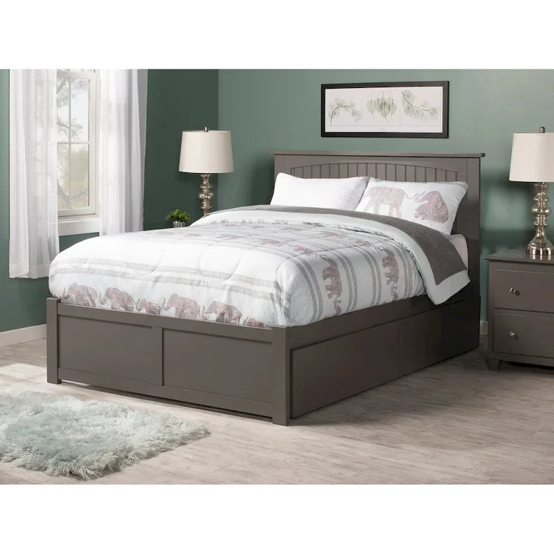 Full Platform Bed with Footboard and Two Storage Drawers in Grey