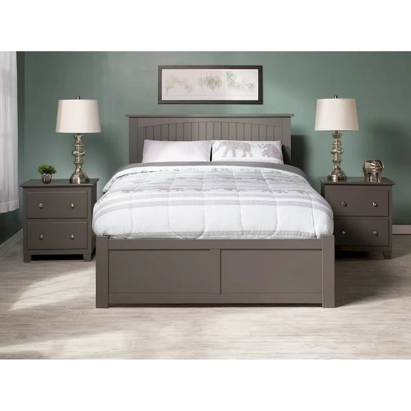 Full Platform Bed with Footboard and Two Storage Drawers in Grey