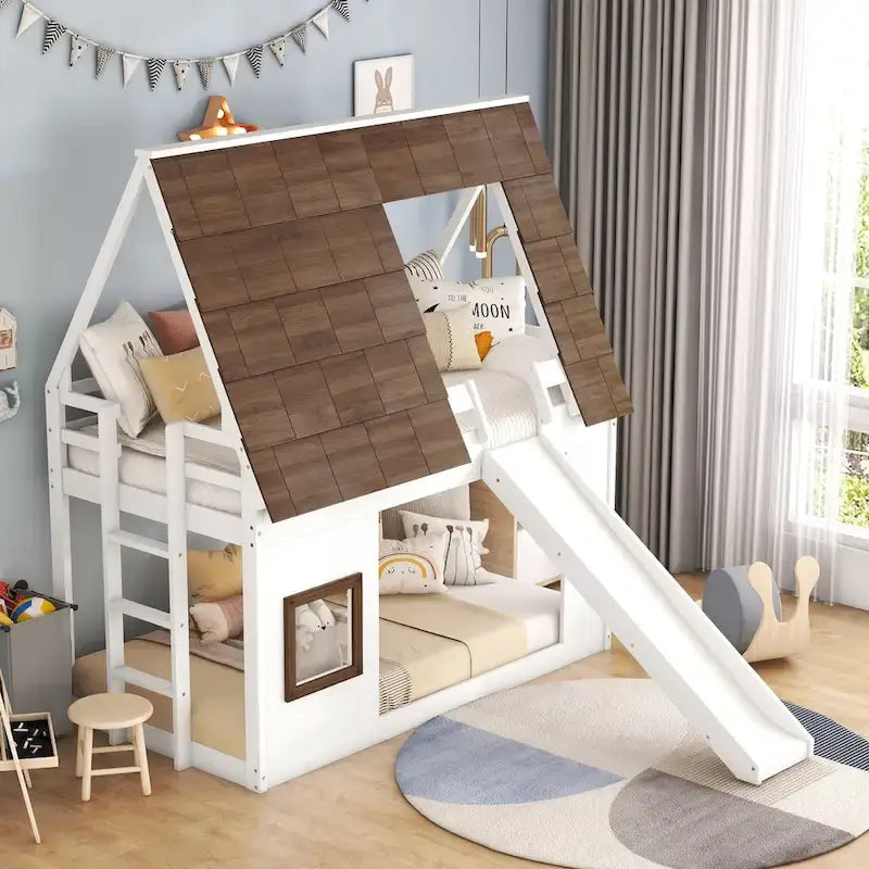 Haus-Etagenbett in Twin-Größe mit Dach, Leiter und Rutsche, Weiß und Braun
