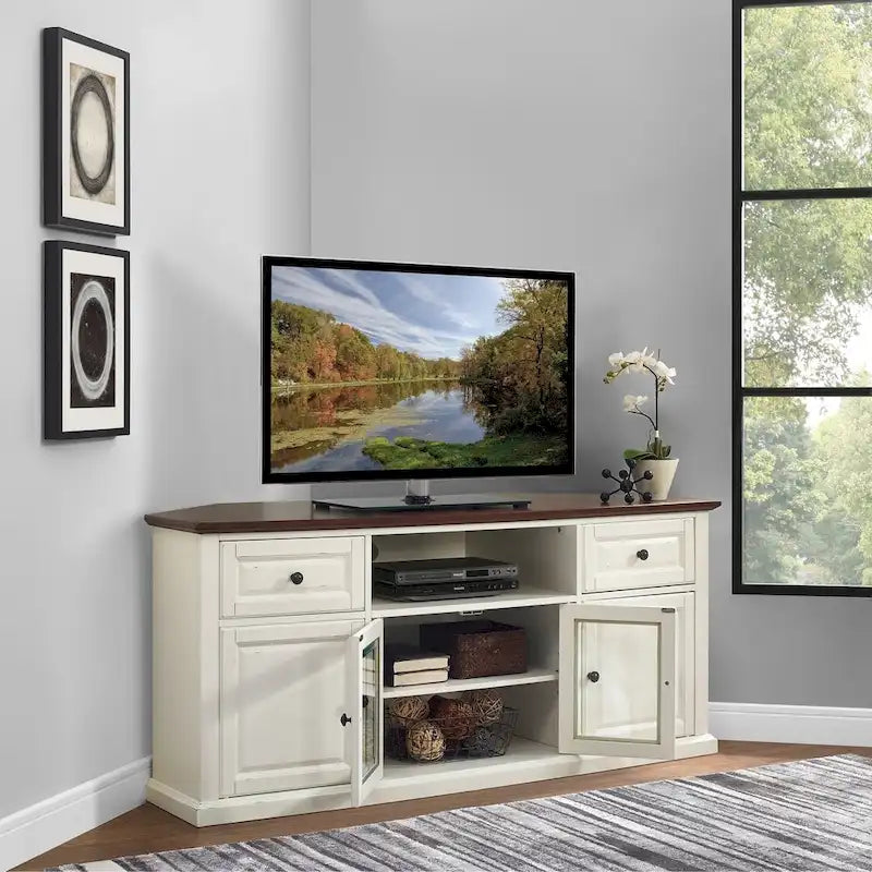 Corner TV Stand with White Base and Mahogany-Color Top