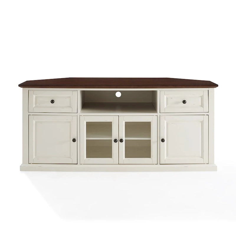 Corner TV Stand with White Base and Mahogany-Color Top