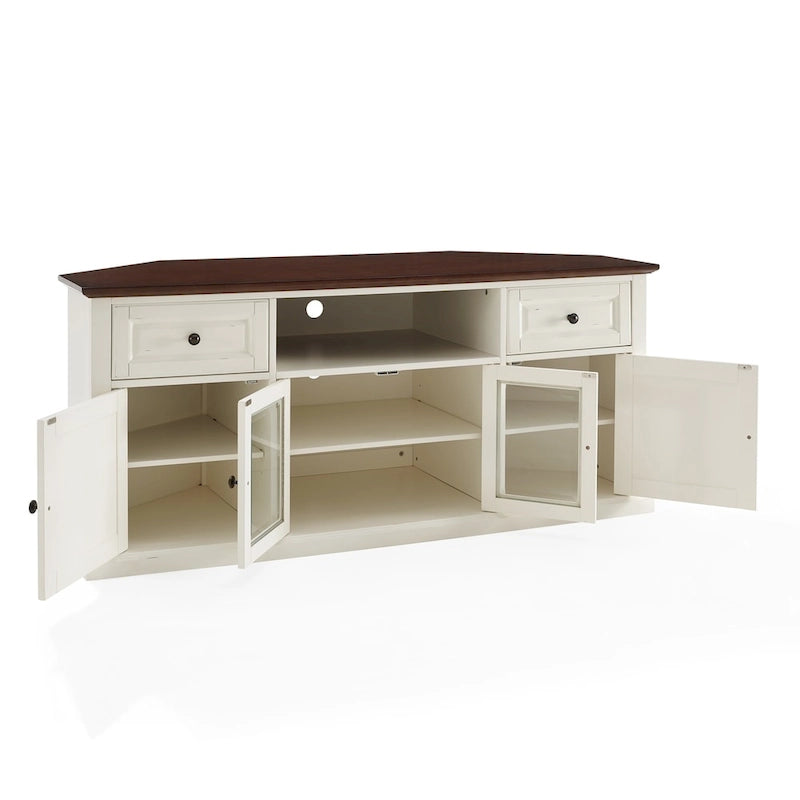 Corner TV Stand with White Base and Mahogany-Color Top