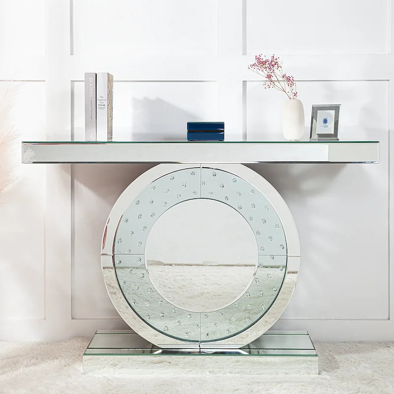Mirrored Console Table with O-Shaped Crystal-Look Base