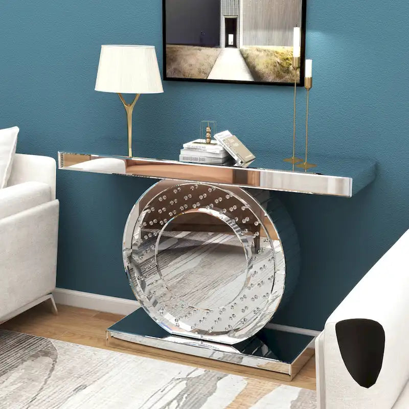 Mirrored Console Table with O-Shaped Crystal-Look Base