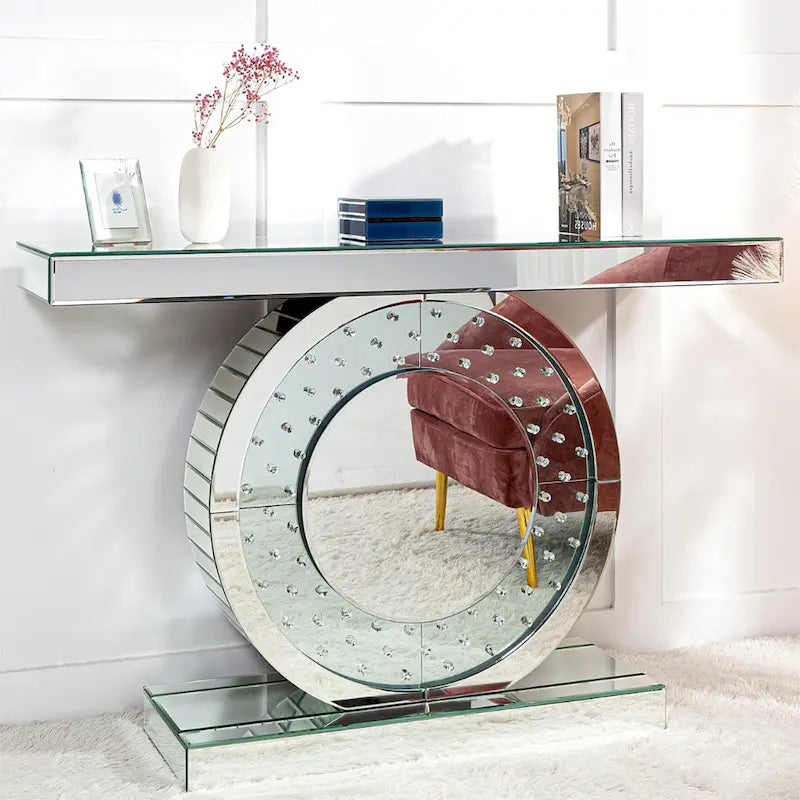 Mirrored Console Table with O-Shaped Crystal-Look Base