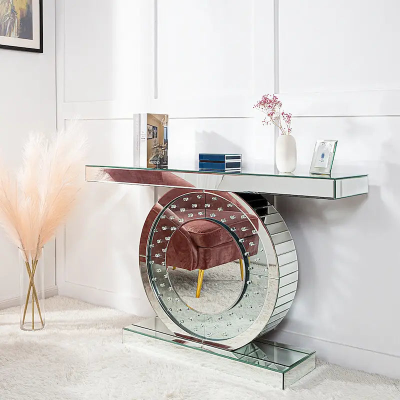 Mirrored Console Table with O-Shaped Crystal-Look Base