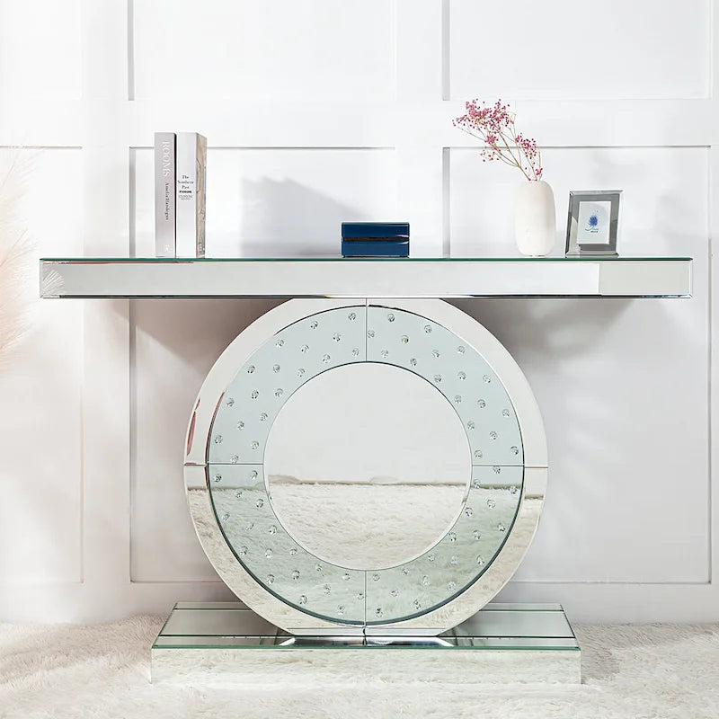 Mirrored Console Table with O-Shaped Crystal-Look Base