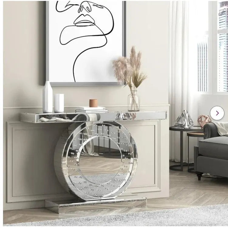Mirrored Console Table with O-Shaped Crystal-Look Base