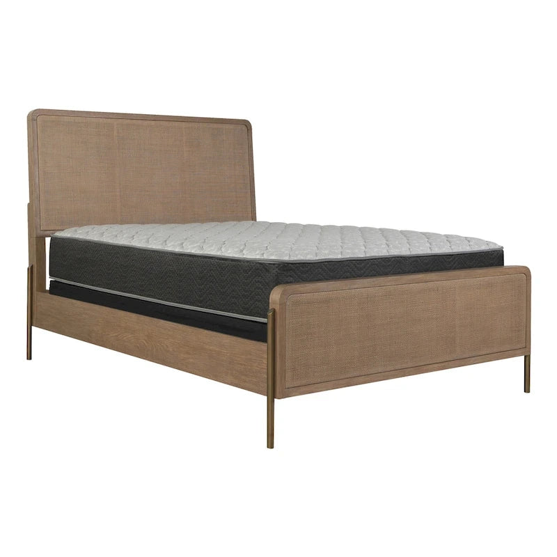 Mid-Century Wood Panel Bed with Natural Cane and Metal Legs