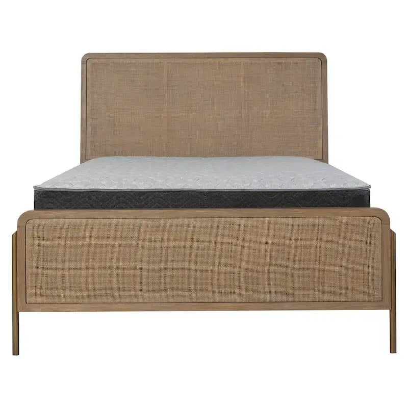 Mid-Century Wood Panel Bed with Natural Cane and Metal Legs