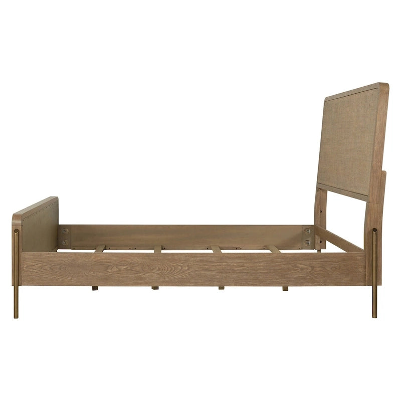 Mid-Century Wood Panel Bed with Natural Cane and Metal Legs