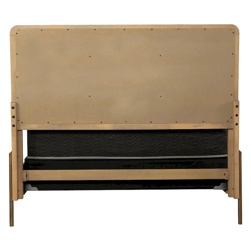 Mid-Century Wood Panel Bed with Natural Cane and Metal Legs