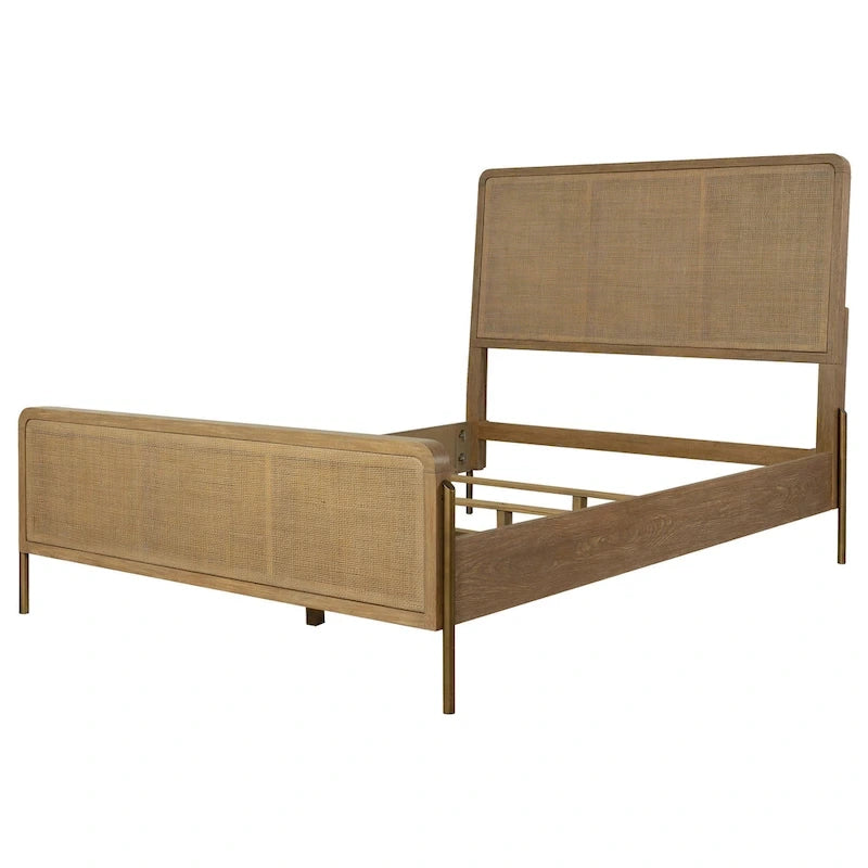 Mid-Century Wood Panel Bed with Natural Cane and Metal Legs