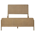 Mid-Century Wood Panel Bed with Natural Cane and Metal Legs