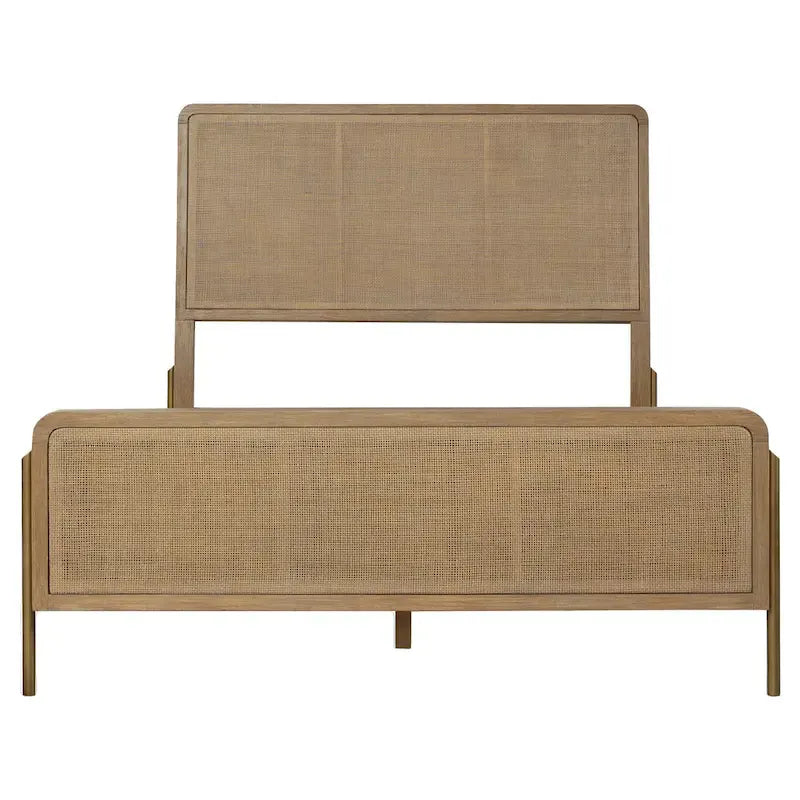 Mid-Century Wood Panel Bed with Natural Cane and Metal Legs