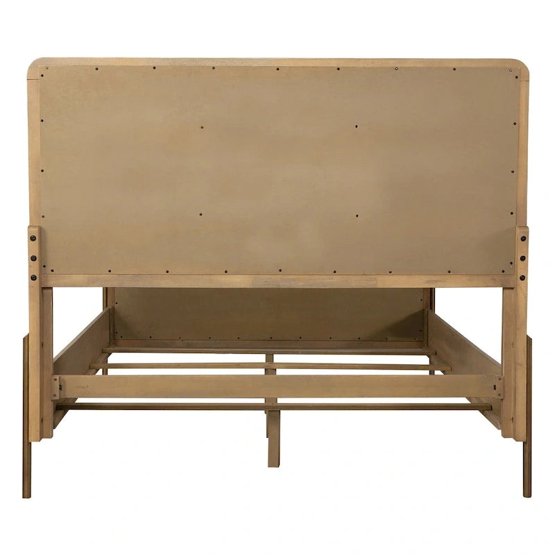 Mid-Century Wood Panel Bed with Natural Cane and Metal Legs