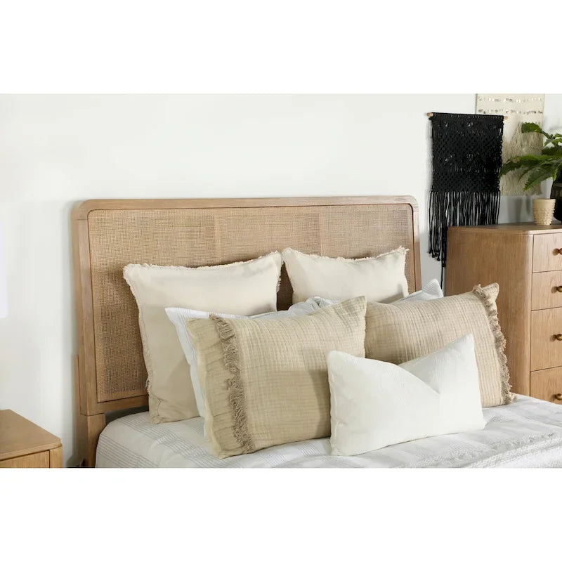Mid-Century Wood Panel Bed with Natural Cane and Metal Legs