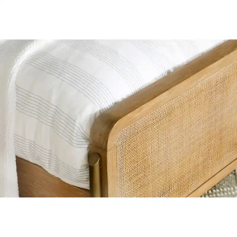 Mid-Century Wood Panel Bed with Natural Cane and Metal Legs
