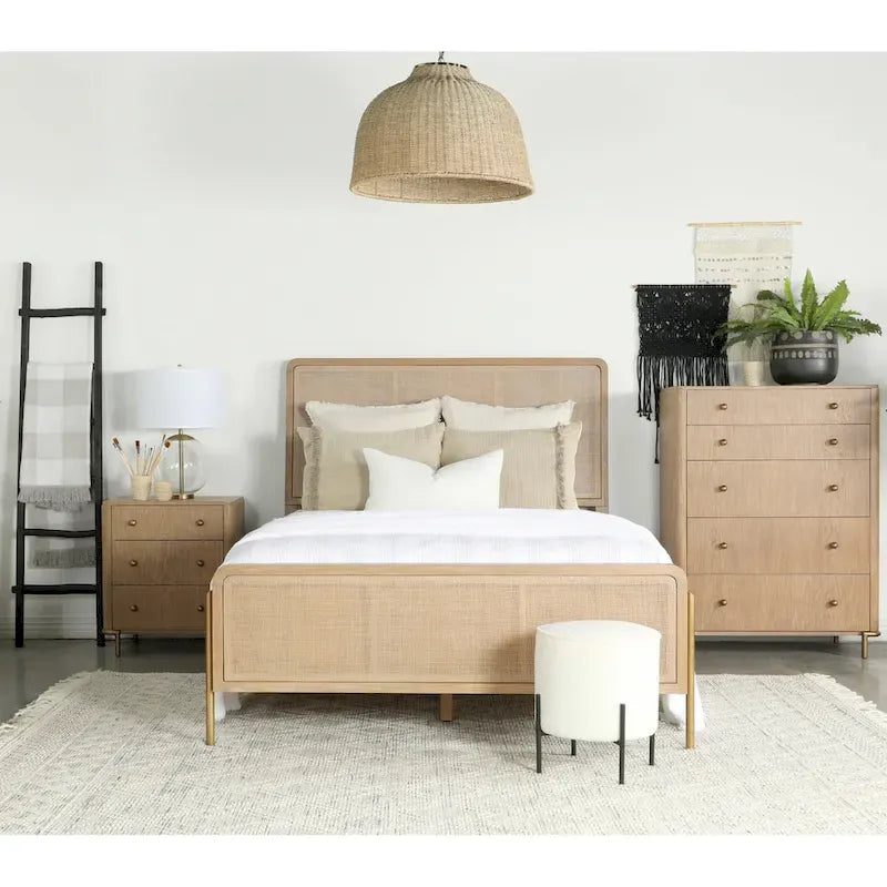 Mid-Century Wood Panel Bed with Natural Cane and Metal Legs