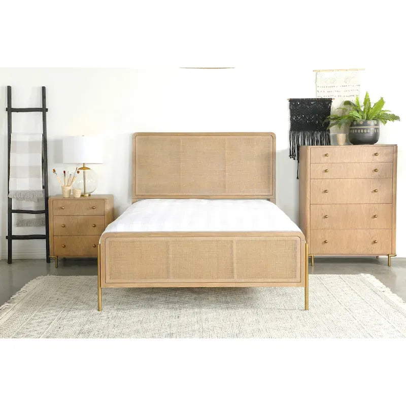 Mid-Century Wood Panel Bed with Natural Cane and Metal Legs