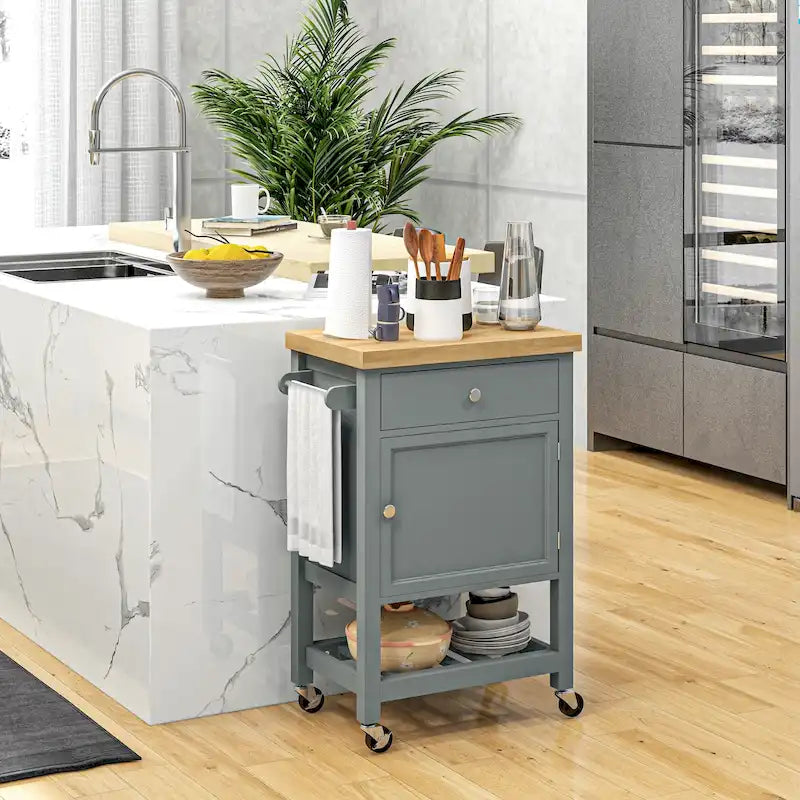 Rolling Kitchen Cart with Rubberwood Top, Drawer and Cabinet