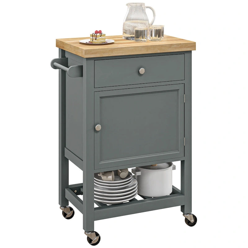 Rolling Kitchen Cart with Rubberwood Top, Drawer and Cabinet