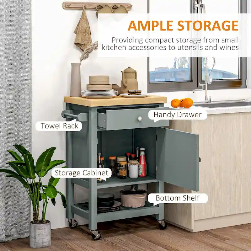 Rolling Kitchen Cart with Rubberwood Top, Drawer and Cabinet