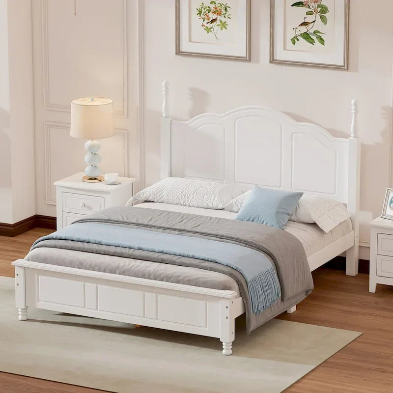White Platform Bed Frame with Headboard and Slats