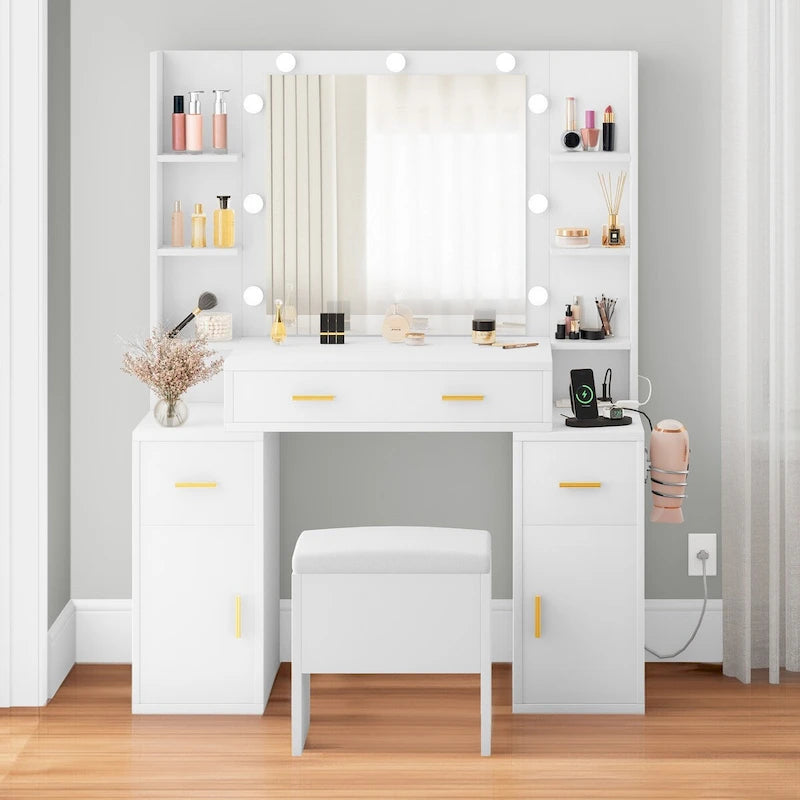 Vanity Table with Lighted Mirror and Built-In Outlets