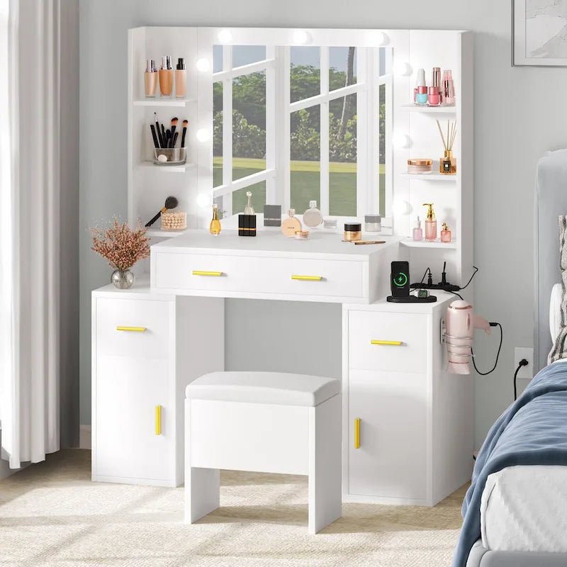 Vanity Table with Lighted Mirror and Built-In Outlets