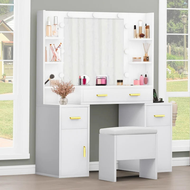 Vanity Table with Lighted Mirror and Built-In Outlets