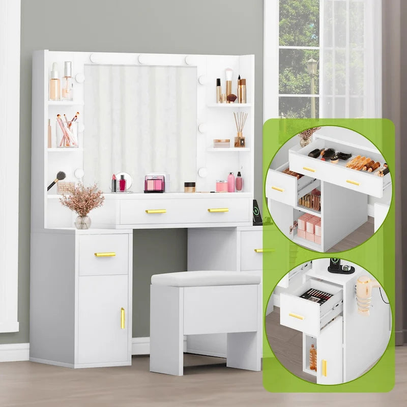 Vanity Table with Lighted Mirror and Built-In Outlets