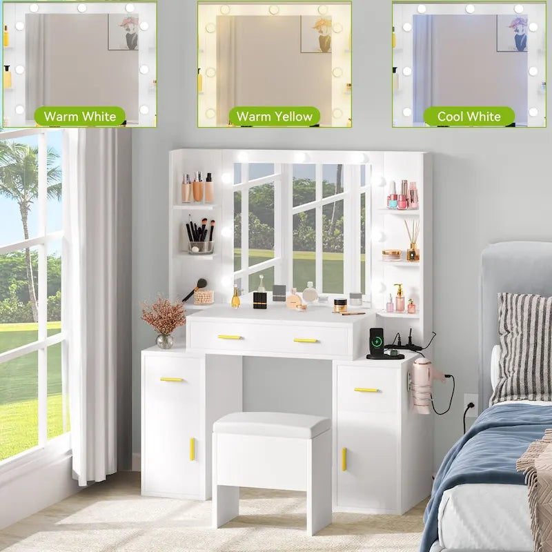 Vanity Table with Lighted Mirror and Built-In Outlets