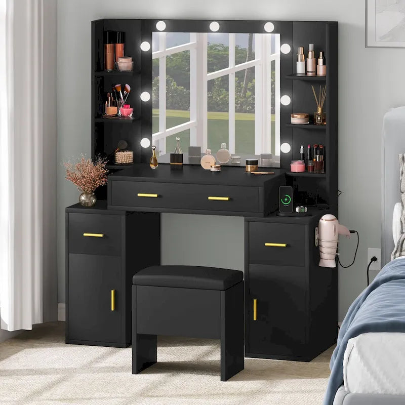 Vanity Table with Lighted Mirror and Built-In Outlets