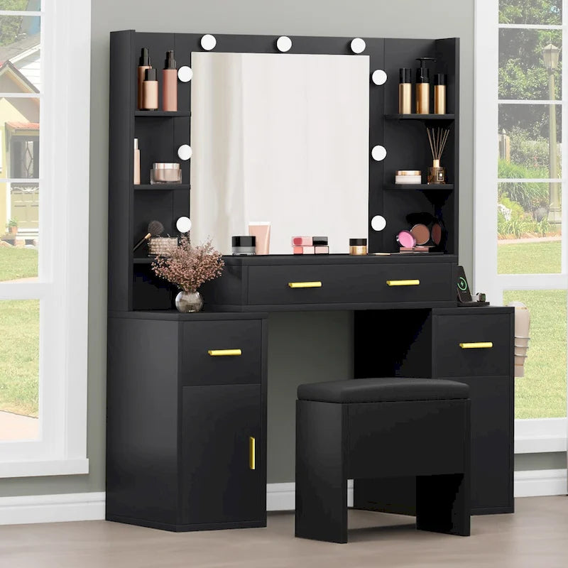 Vanity Table with Lighted Mirror and Built-In Outlets
