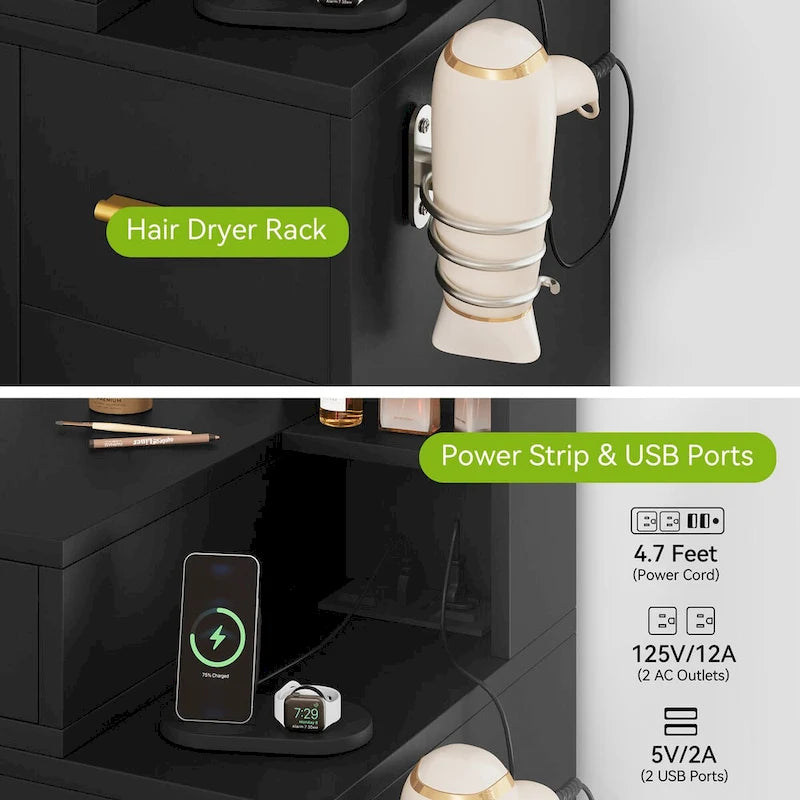 Vanity Table with Lighted Mirror and Built-In Outlets