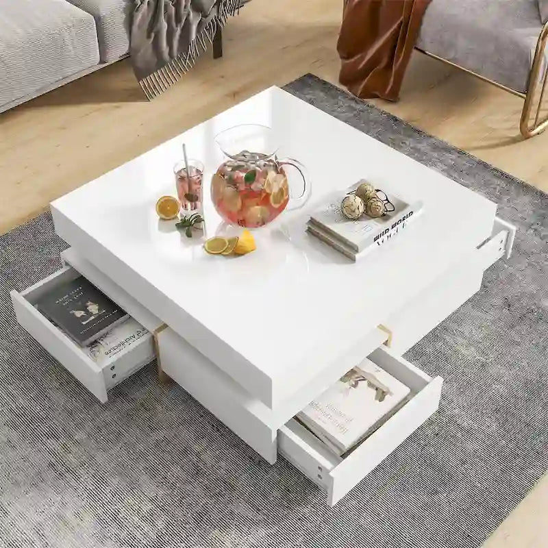 Square High Gloss Coffee Table with 4 Storage Drawers