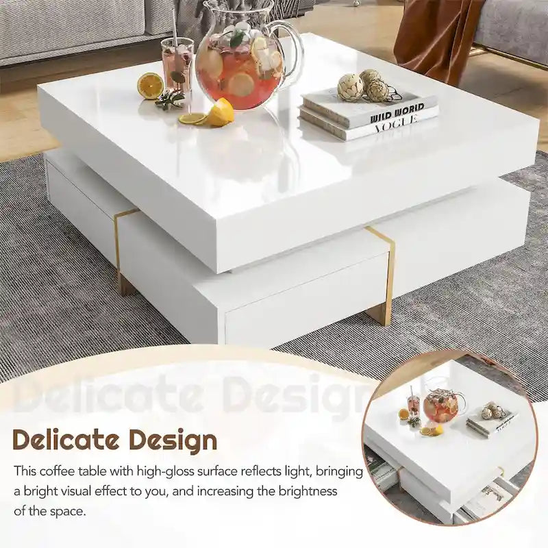 Square High Gloss Coffee Table with 4 Storage Drawers