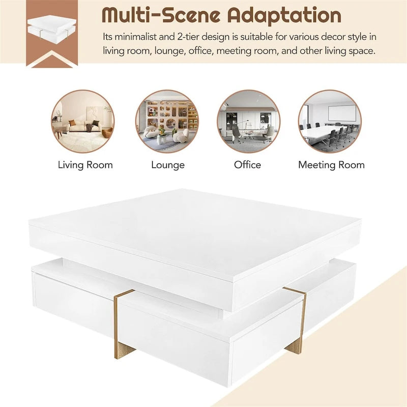 Square High Gloss Coffee Table with 4 Storage Drawers