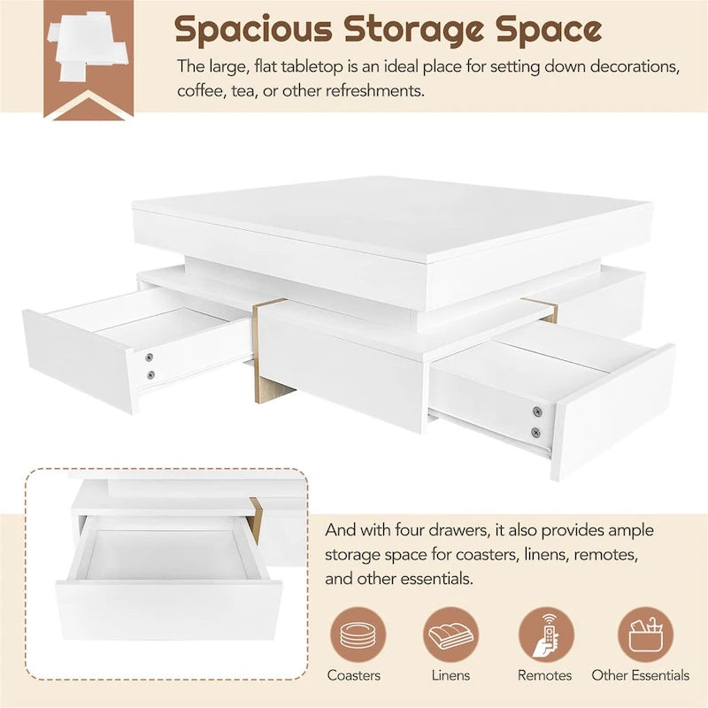 Square High Gloss Coffee Table with 4 Storage Drawers