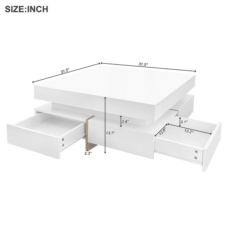 Square High Gloss Coffee Table with 4 Storage Drawers