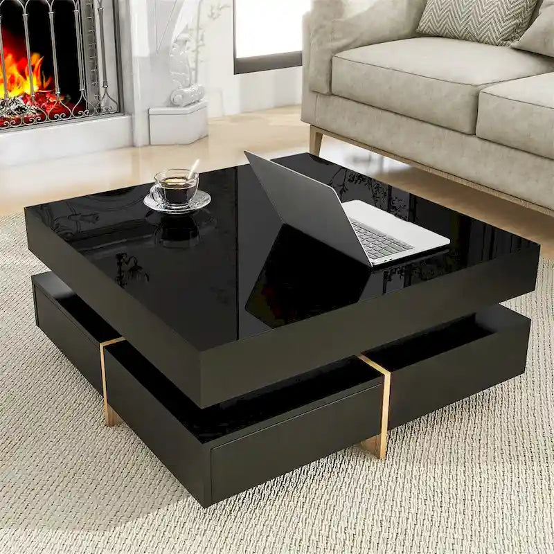 Square High Gloss Coffee Table with 4 Storage Drawers