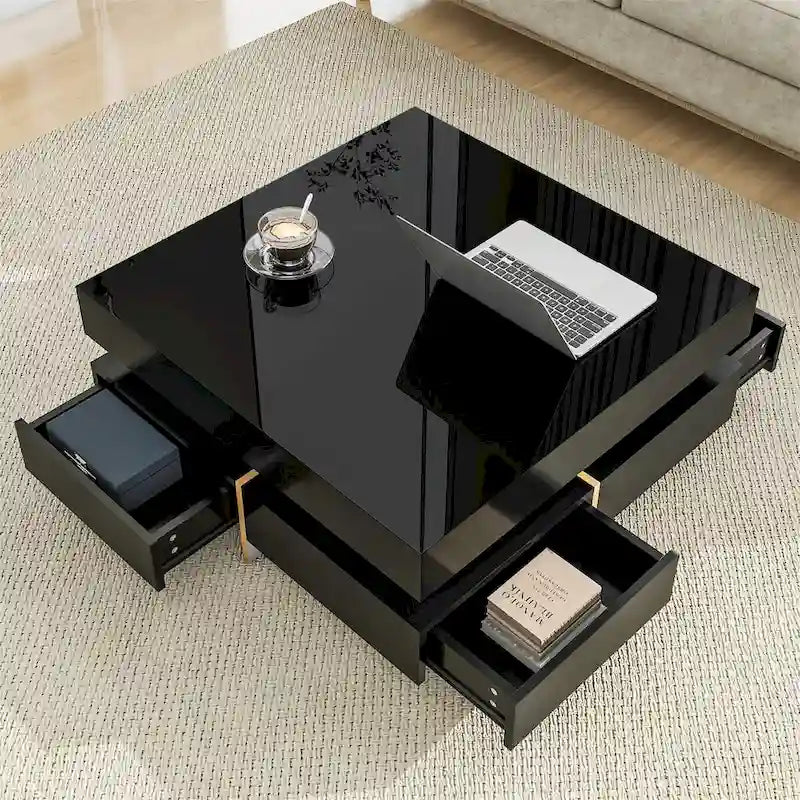 Square High Gloss Coffee Table with 4 Storage Drawers