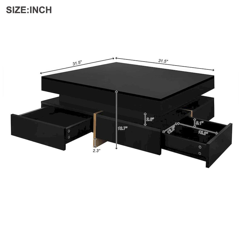 Square High Gloss Coffee Table with 4 Storage Drawers