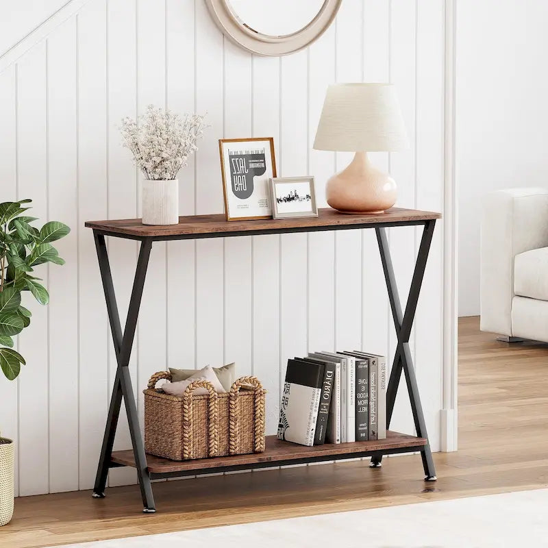 Wood-Grain Console Table with Metal Frame